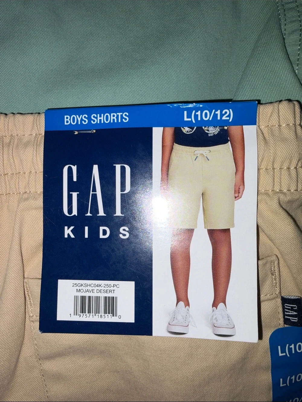 GAP kids Two-Pack Hybrid Shorts in Khaki and Sage Green. 10/12 Large